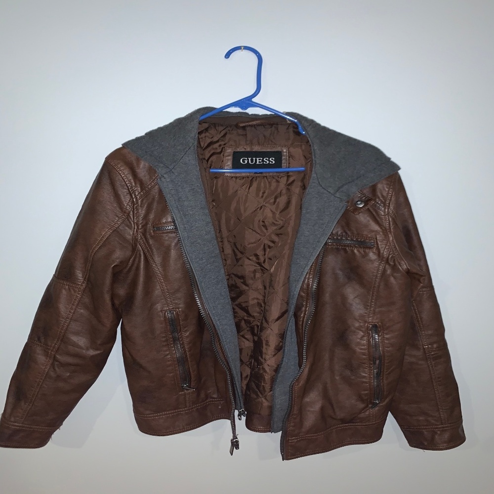 GUESS Leather Bomber w/ Removable Hood Sz L